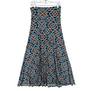 LuLaRoe Maxi Skirt Small Blue Peach Geometric Mosaic Print A-Line Stretch Long